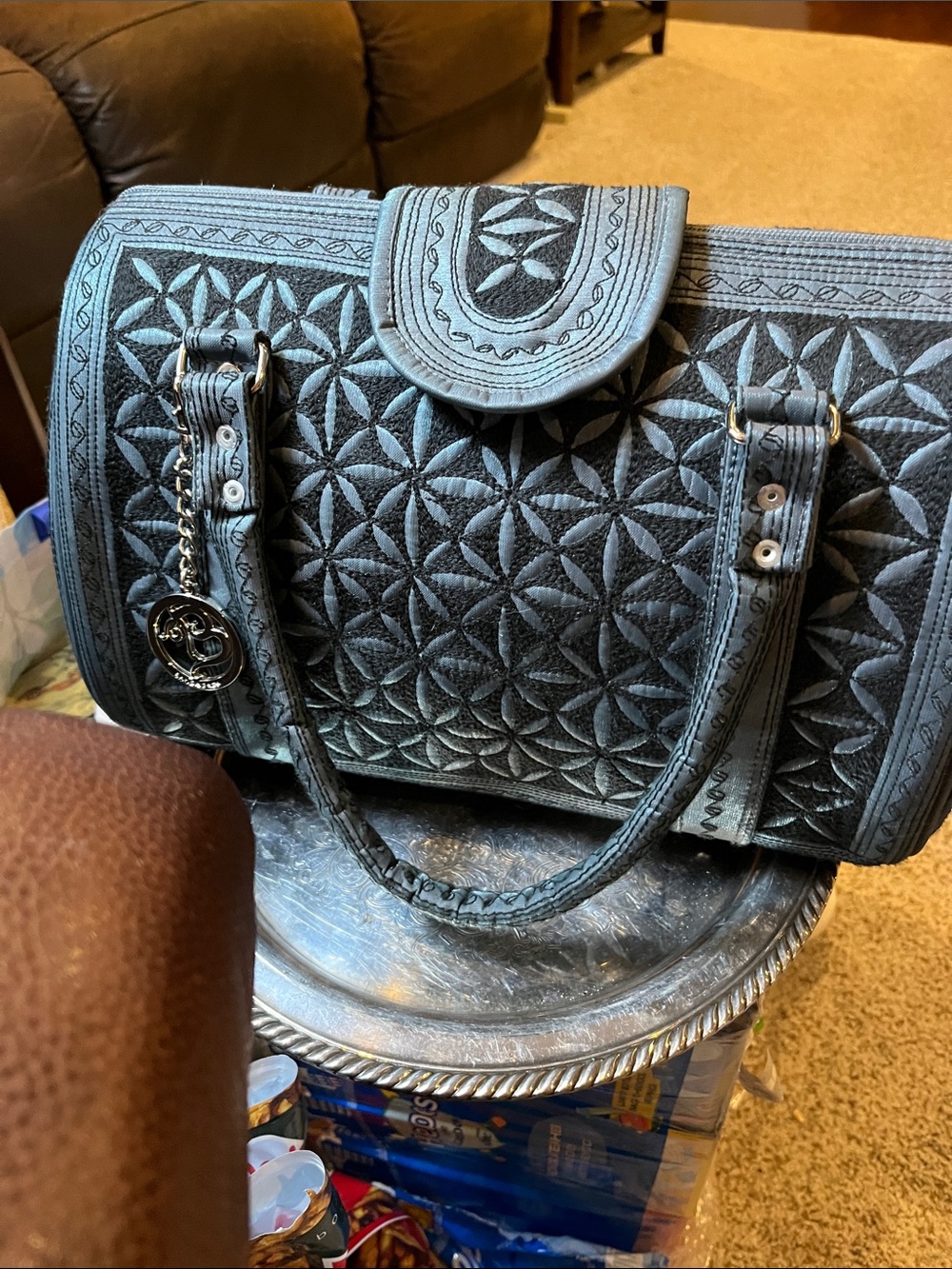 Quilted Geometric Pattern Satchel Handbag in Charcoal Gray